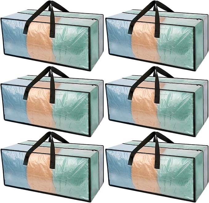 Heavy Duty Clear Moving Bags with Strong Zipper & Comfortable Handles | 6 Pack Extra Large Storage Bags Totes Moving Boxes Packing Supplies for College Dorm Room Essentials Compatible with IKEA