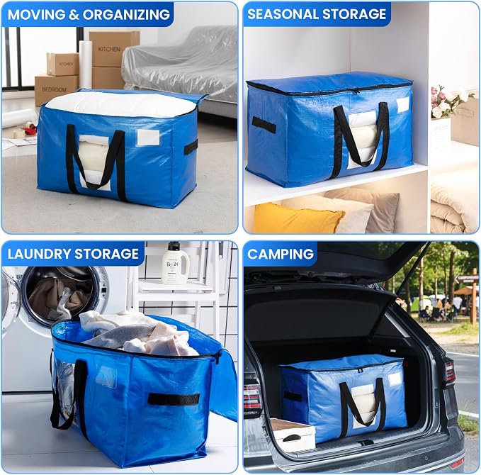 TAILI Extra Large Moving Bags, 6 Pack Blue Heavy Duty Totes For Storage with Visible Window, Wrap Around Handles, Storage Bags for Space Saving, Alternative to Moving Boxes