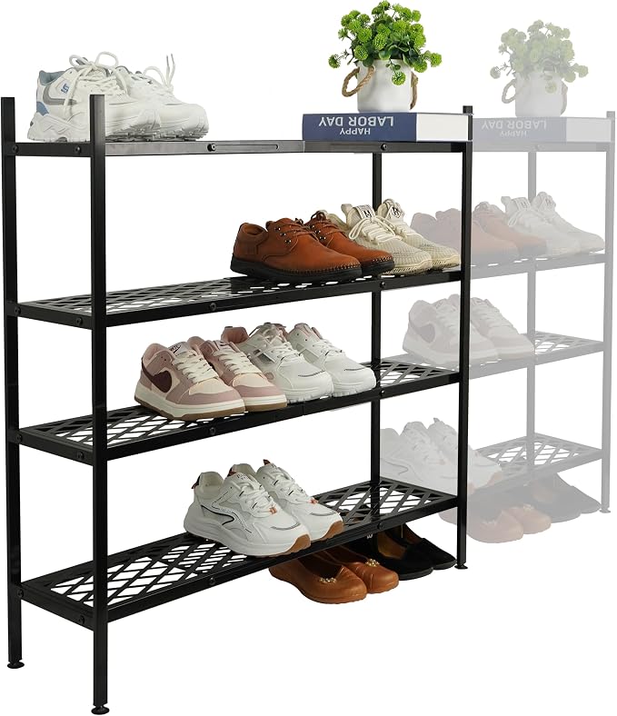 Shoe Rack, 4-Tier Long Shoe Rack, Stackable Shoe Storage Organizer Expandable Shoe Shelf Stand, Holds up to 25-30 Pairs of Shoes for Entryway, Garage, Front Door Entrance, Metal,45.6in Black