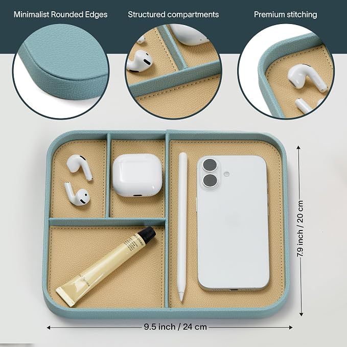 Nordik Leather Valet Tray - Seafoam Mist - 9.5 x 7.9 Inch Medium Vegan Leather Tray - Stylish Nightstand Organizer for Men - Modern Bedside Caddy - EDC Catchall for Key Watch Wallet Jewellery