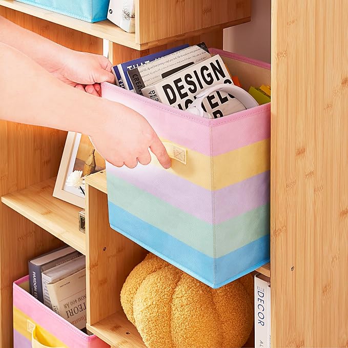 11 Inch Fabric Collapsible Storage Cubes,6 Pack Rainbow Colored Closet Storage Bins with 2 Handles Foldable Cube Baskets for Organizing Clothes, Toys, Books
