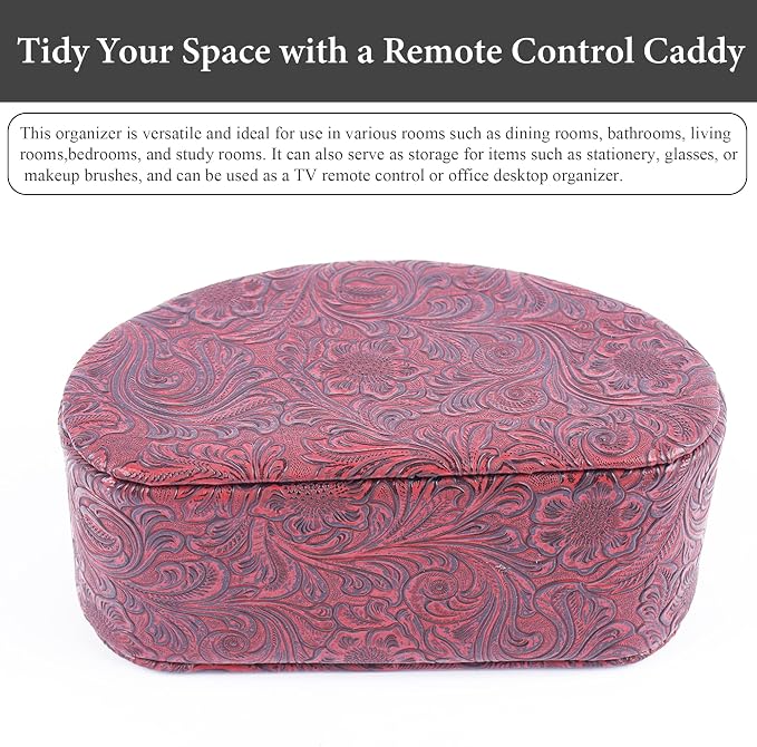 Remote Control Holder, PU Leather Remote Caddy Desktop Organizer with 5 Spacious Compartments for TV Remotes/Media Controllers/Office Supplies (1-Carved3 Red