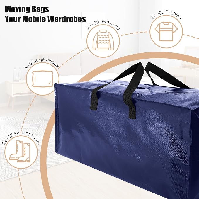 NATURELUX Heavy Duty Moving Bags with Backpack Straps and Strong Handles, Alternative to Moving Boxes and Storage Totes for Dorm Room Essentials, 12 Pack, Blue