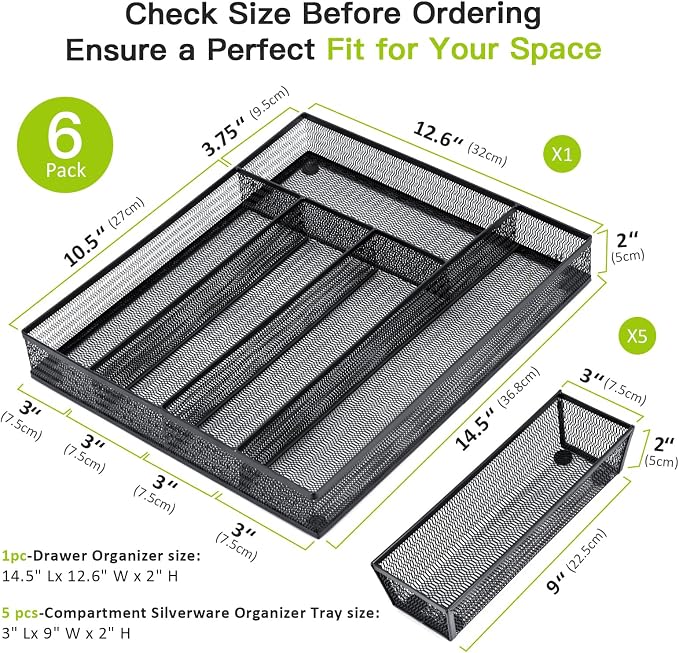 Neudeco Drawer Organizer Set, Black Mesh, 6 Pack | 5-Compartment Silverware Organizer Tray, 5 Utensil Trays, For Flatware, Cutlery, Office Supplies, Non-Slip
