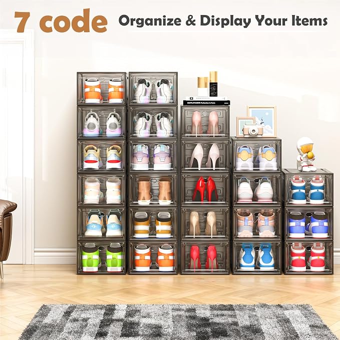 7 code Large Clear Shoe Boxes Organizer【Thicker Material】 Stronger Shoe Box with Magnetic Door, Stackable Shoe Storage Box for Closet, Foldable Space-Saving Storage Bins Shoe Cabinet, Black 9-Pack