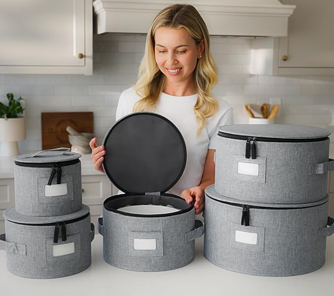 Stack Store Plus More 5PC China Storage Cases for Dinnerware - 13"-12"-10"-8.5" and 7" wide - 60 Plate Separators Included