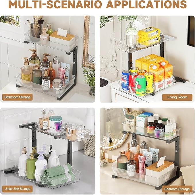 ETOYA 2 Pack Under Sink Organizer Kitchen, 2-Tier Pull Out Cabinet Organizer, L-Shaped Adjustable Height, Acrylic Under Sink Storage Shelf for Kitchen, Bathroom Vanity & Utility Closet