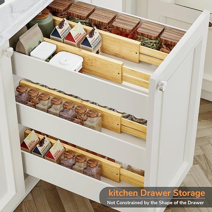 BAMEOS Bamboo Expandable Drawer Dividers – Fits 16.65"–22" Drawers, 3" Deep Walls, Set of 4 | Taller Spring-Loaded Separator Keeps Items Upright in Kitchen & Dresser Drawers