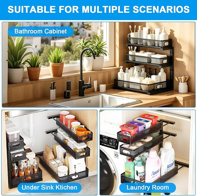 Under Sink Organizer, 1-Pack 3-Tier Thickened Metal Pull out Cabinet Organizer Shelf, Height Adjustable Slide out Storage Drawer Rack for under sink organizer bathroom Kitchen,Laundry Room & Pantry | Space-saving cabinet organizer, solid build, easy as...