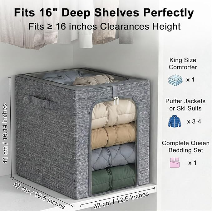 GoMaihe Clothes Storage Bins Metal Frame: 55L Extra Large Stackable Closet Storage Organizer with Lid & Clear Window, Heavy Duty Blanket Boxes for Winter Coats Comforters (Fits Deep Closet 4-Pack)