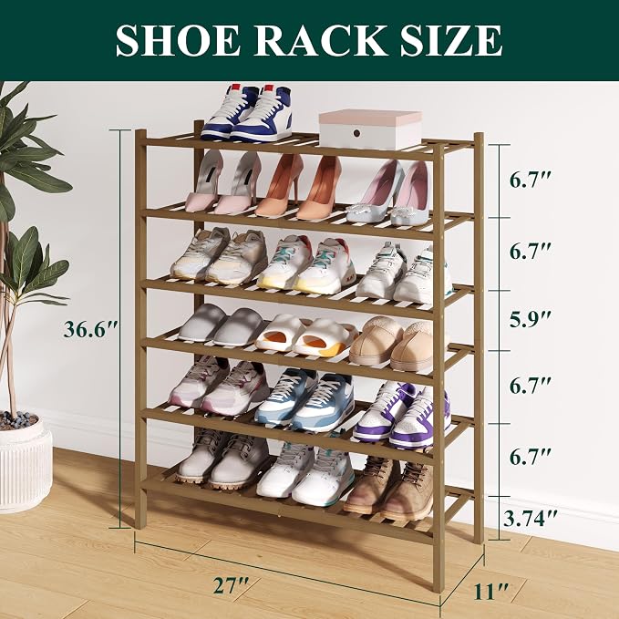 Smiry Bamboo Shoe Rack for Closet, 6 Tier Wooden Shoe Organizer, Stackable Wood Shoe Storage Shelf for Entryway, 14 Vertical Slats, 3+3 Stack Heavy-Duty Legs, 26.77"x11.02"x36.61", Walnut