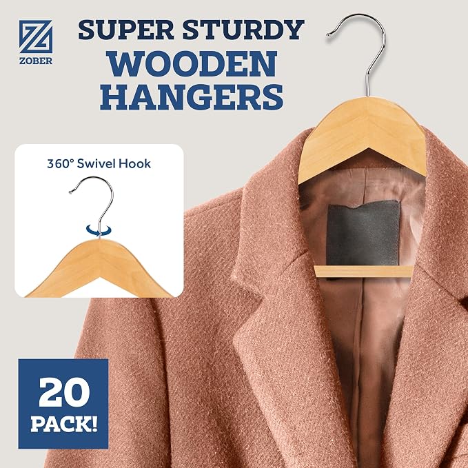 ZOBER High-Grade Wooden Hangers - Heavy Duty, Non Slip Wood Hangers for Coats, Jackets, Suits, & Pants - Clothes Hangers for Closet W/Bar and Notches 20 Pack