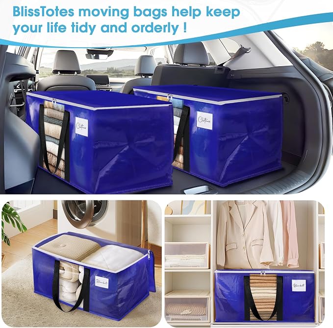 BlissTotes 6 Pack Moving Bags with Clear Window, Storage Bags with Strong Carrying Handles & Zippers,Large Packing Bags for Saving Space, Alternative to Moving Boxes(Blue,24 Gallon)