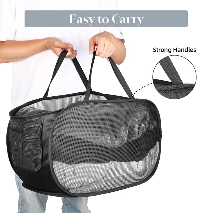Durable Collapsible Laundry Baskets, Mesh Pop Up Laundry Hamper with Side Pocket, Foldable Clothes Storage Hamper with Reinforced Carry Handles for Laundry, Bathroom, Kids Room, Dorm or Travel Black