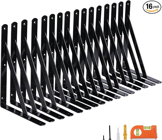 NEODROP 16-Pack 8 Inch Heavy Duty Shelf Brackets, Large Wall Bracket for Kitchen Garage Floating Shelves, Black Powder-Coated Steel