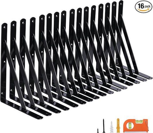 NEODROP 16-Pack 8 Inch Heavy Duty Shelf Brackets, Large Wall Bracket for Kitchen Garage Floating Shelves, Black Powder-Coated Steel