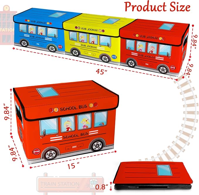 Kids Toy Chest,Collapsible Storage Cubes Organizer with Handles, Kids Toy Bin with Lids, School Bus Pattern Toy Storage Organizer for Playroom, Closet, Living Room, Kids Birthday Gifts,3 Packs