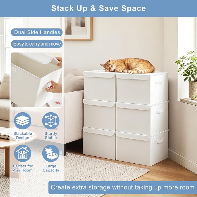 Bagnizer Large 22 Quart Linen Fabric Foldable Storage Bin Cube Organizer Basket with Flip-Top Lid & Handles, Clothes Blanket Box for Home, Office, Closet, White, 4 Pack 14.6 x 9.5 x 9.5”