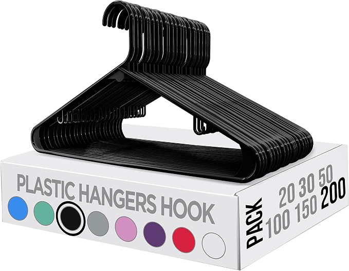 Utopia Home Plastic Hangers 200 Pack – Built-in Strap Hooks Black | Space saving | Durable & strong | Closet organizer | Clothes hangers | Ideal for shirts, pants, skirts & coats