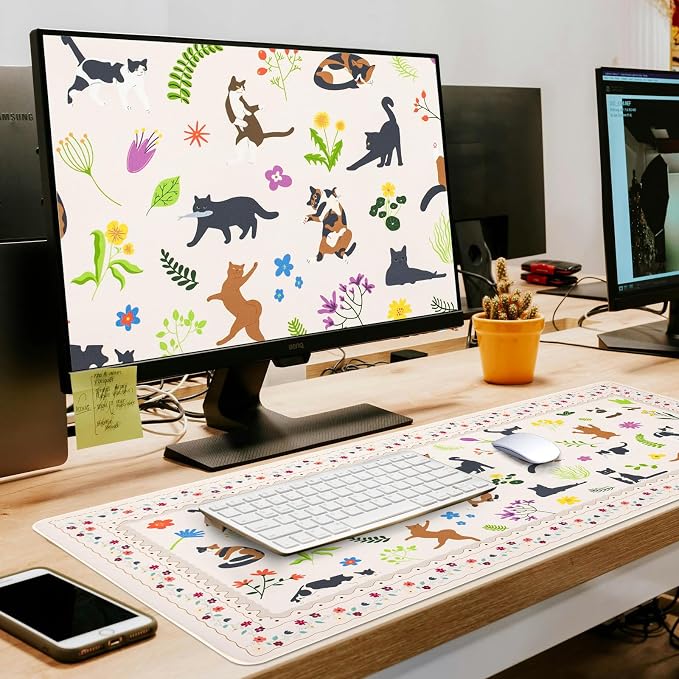 L-SPOUTTO Cute Cat Desk Mat for Keyboard and Mouse,XXL Large Mouse Pad Non-Slip Keyboard Pad Waterproof Desktop Mat for Laptop Computer Work Game Home Office-Cats