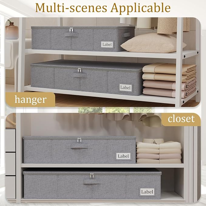 Yawinhe Foldable Underbed Storage Bags, Containers Bin with Lids, Large Under Bed Organizer Box, with Sturdy Zipper und Label Holders, for Clothing, 31.5''Lx15.7''Wx6''H, 2 Pack, Grey