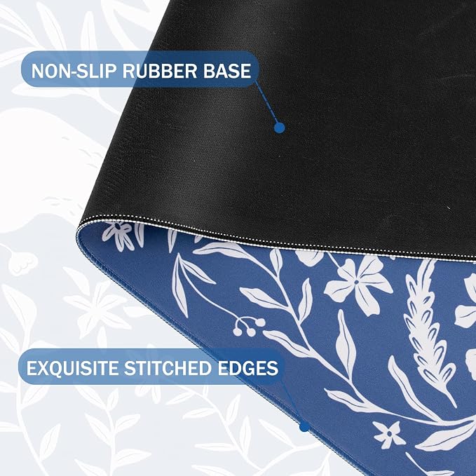 L-SPOUTTO Blue Floral Desk Mat for Keyboard and Mouse,Boho XXL Gaming Mouse Pad,Large 35.4x15.7in Non-Slip Rubber Base Keyboard Pad Waterproof Desktop Mat for Laptop Computer Work Home Office-Rabbits