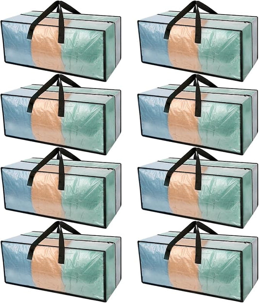 Heavy Duty Clear Moving Bags with Strong Zipper & Comfortable Handles | 8 Pack Extra Large Storage Bags Totes Moving Boxes Packing Supplies for College Dorm Room Essentials Compatible with IKEA