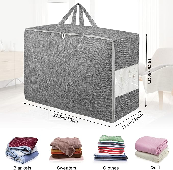 105L Extra Large Storage Bags, Folding Moving Comforter Blanket Storage Bags Closet Organizers and Storage Containers for Clothes with Strong Handles&Zippers Clear Window for Bedding Pillow Grey 2Pack