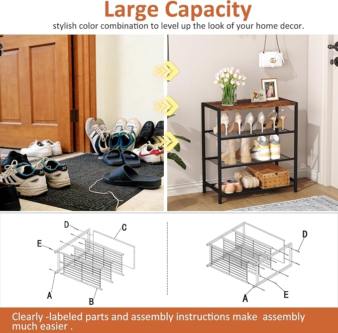 HOMEFORT 4-Tier Shoe Rack Organizer, Shoe Tower for Closet, Shoe Storage Shelf with MDF Top Board, Each Tier Fits 3 Pairs of Shoes, Entryway Shoes Organizer with Sturdy Metal Shelves, Rustic Brown