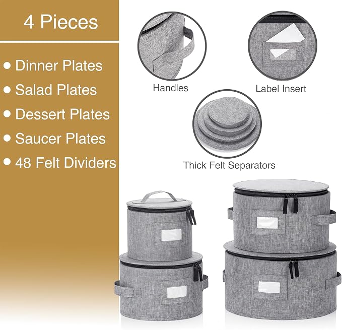 Stack Store Plus More Set of 4 China Storage Cases for Dinnerware - Hard Shell and Stackable - Sizes: 12" - 10" - 8.5" and 7" W - 48 Plate Separators Included