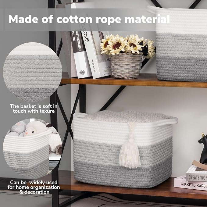 Goodpick Woven Storage Basket, Closet Storage Bins for Books, Towels, Cotton Rope Organizer with Handles, Square Toy Gift Basket for Kids, Gradient Gray, 13 x 10 x 9 Inches