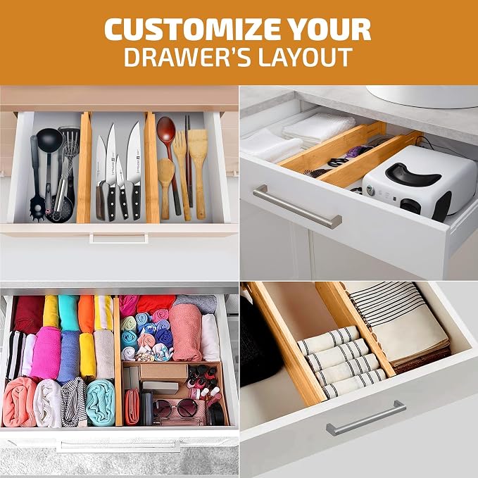 Bamboo Drawer Dividers 6 Pack - Adjustable 16-22 Inch Spring Loaded Deep Drawer Organizer Separators, 2.6 Inch High Non Slip Bamboo Dividers for Kitchen, Dresser, Clothes, Utensils, Bathroom, Office