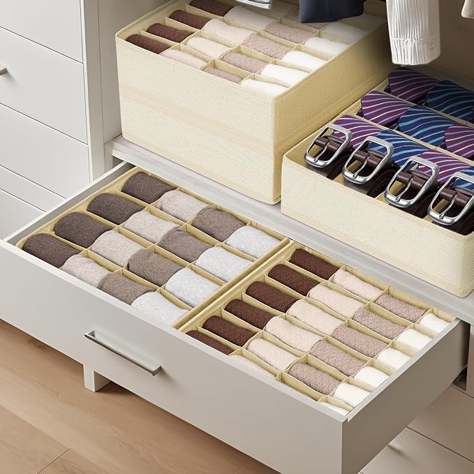 Joyoldelf Sock Drawer Organizer Divider 4 Packs Underwear Organizer, 2 x 24 Cell + 2 x 16 Cell Closet Organizers and Storage Sock Holders for Storing Socks, Handkerchiefs, Ties, Belts (Beige)