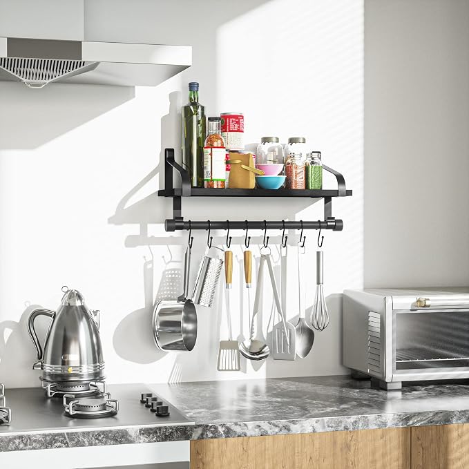 Love-KANKEI 17.3" Floating Wall Shelf Solid Wood/Bracket,Coffee Bar,Black | Spice Rack,Towel Bar/8 Hooks,40 Lbs/shelf,Easy to Install,For Kitchen,Bathroom,Living Room,Bedroom,Office,Entryway Display