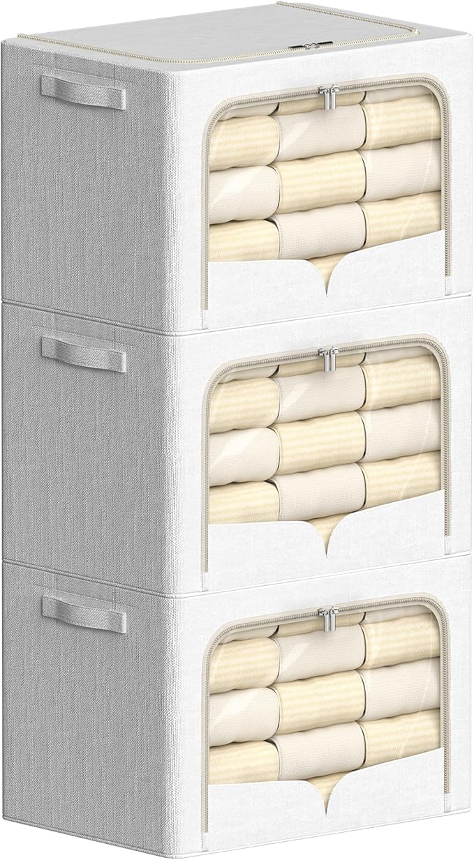 FHSQX 3 Pack Clothes Storage Bins with Metal Frame | Cream White, 23.6x16.5x15.7inch,Foldable, Stackable Linen Fabric, Carrying Handles, Clear Window