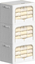 FHSQX 3 Pack Clothes Storage Bins with Metal Frame | Cream White, 23.6x16.5x15.7inch,Foldable, Stackable Linen Fabric, Carrying Handles, Clear Window