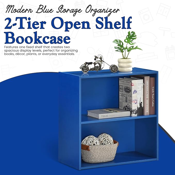KB Designs - Tony 2-Tier Modern Bookcase with Open Storage Shelves for Kids’ Rooms, Playrooms, or Home Offices – Compact Colorful Bookshelf Organizer