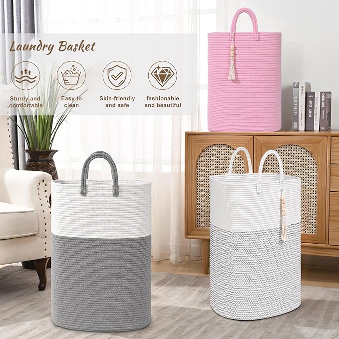 Woven Laundry Basket for Clothes, 65L Large Rectangle Laundry Hampers with Beads Tassel, Nursery Storage Basket for Toys, Tall Dirty Clothes Hamper for Bedroom Aesthetic, Laundry Room Organization