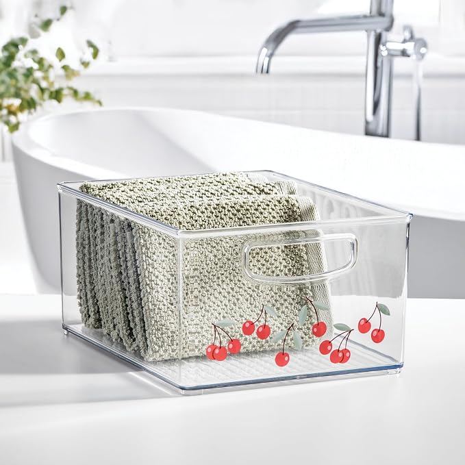 iDesign Bathroom Organizer Bin, Decorative Print - Stackable Plastic Storage Basket for Makeup & Vanity Organization - Clear/Red