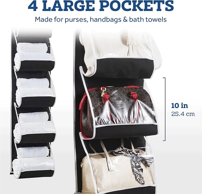 ZOBER Purse Organizer For Closet - Over The Door Purse Organizer W/ 6 Pockets for Easy Purse Storage - Durable Metal Hooks - Purse Rack W/Clear Pockets - Black (2 Pack)