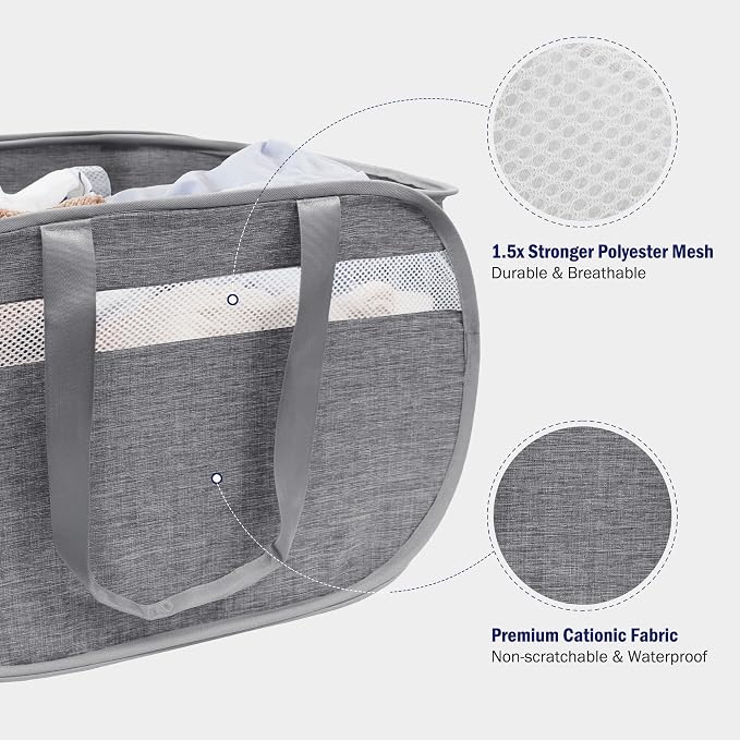 Collapsible Laundry Baskets, Foldable Tear Proof Pop Up Hamper with Reinforced Carry Handles, Durable Laundry Hamper for Home, Laundry, Bathroom, Dorm or Travel (Grey)