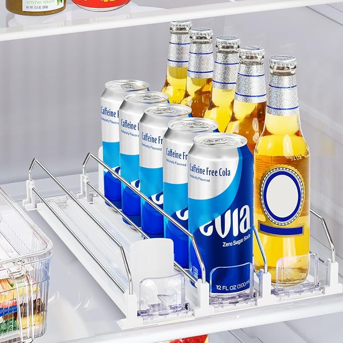 Drink Organizer for Fridge, Automatic Pusher Drink Dispenser for Refrigerator, Adjustable Width Soda Can Organizer for Beer Beverage Bottle Holds up to 15 Cans 3Row (Depth15.3 x Wide9.9)