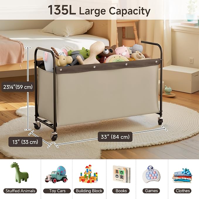 StorageWorks Toy Box with Wheels for Kids, 135L Large Toy Storage Chest and Organizer, 23" Metal Toybox with 360° Swivel Wheels for Bedroom, Kids Room, Stuffed Animal Storage, Light Khaki