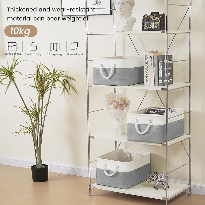 Large Storage Baskets- 15.7x11.8x8.26 inch Storage Bins for Shelves and Closet Organizing, Foldable Fabric Bin for Home Organization Clothes and Laundry (6-Pack, White&Gray)