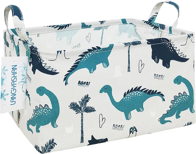 Rectangular Collapsible Storage Basket Nursery Organizer Green Dinosaur | Storage Bin Foldable Canvas with Handles for Organizing Home Kitchen Children Toys Office Closet Shelf Baskets
