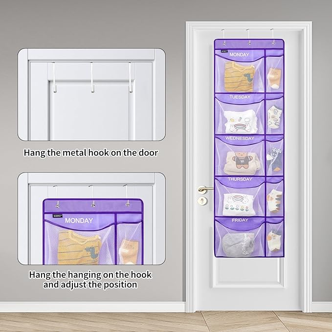 Weekly Clothes Organizer for Kids, Monday to Friday Hanging Closet Organizer, 5-Shelf Large Capacity School Storage with Side Pockets, Purple (Quantity 1)