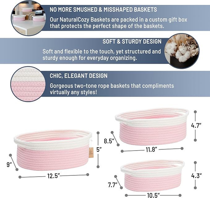 NaturalCozy 3-Piece Oval Storage Basket Set– Cotton Rope Woven Baskets for Storage, Gift Basket Empty, Toy Basket, Soft Baby Basket for Nursery, Cat Dog Toy Baskets, Small Basket (Off White & Pink)