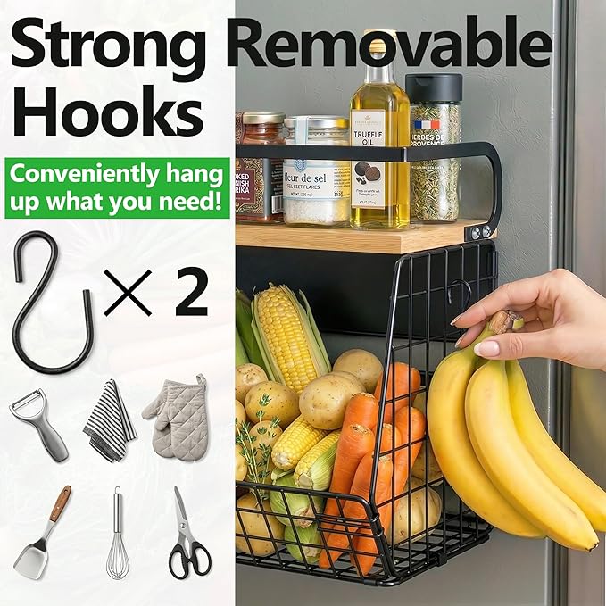 2 Pack Magnetic Spice Storage Rack Organizer for Refrigerator, Magnetic Shelf for Fridge with Wood Lid, Organizer for Kitchen & Laundry, Potato and Onion Storage Bins, Large Container, Strong Magnets