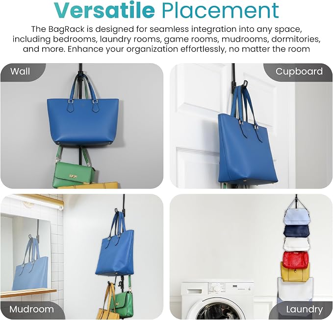 Perfect Curve Handbag and Purse Organizer, Black | Hold up to 18 Bags, Over The Door, Adjustable Clips, 2 Straps