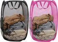 Pop Up Laundry Hamper Pack of 2 Mesh Collapsible Laudry Baskets with Side Pocket and Handles, Easy to Carry for Cruise, Home, Dorms, Laundry Room (Black+Rose red)